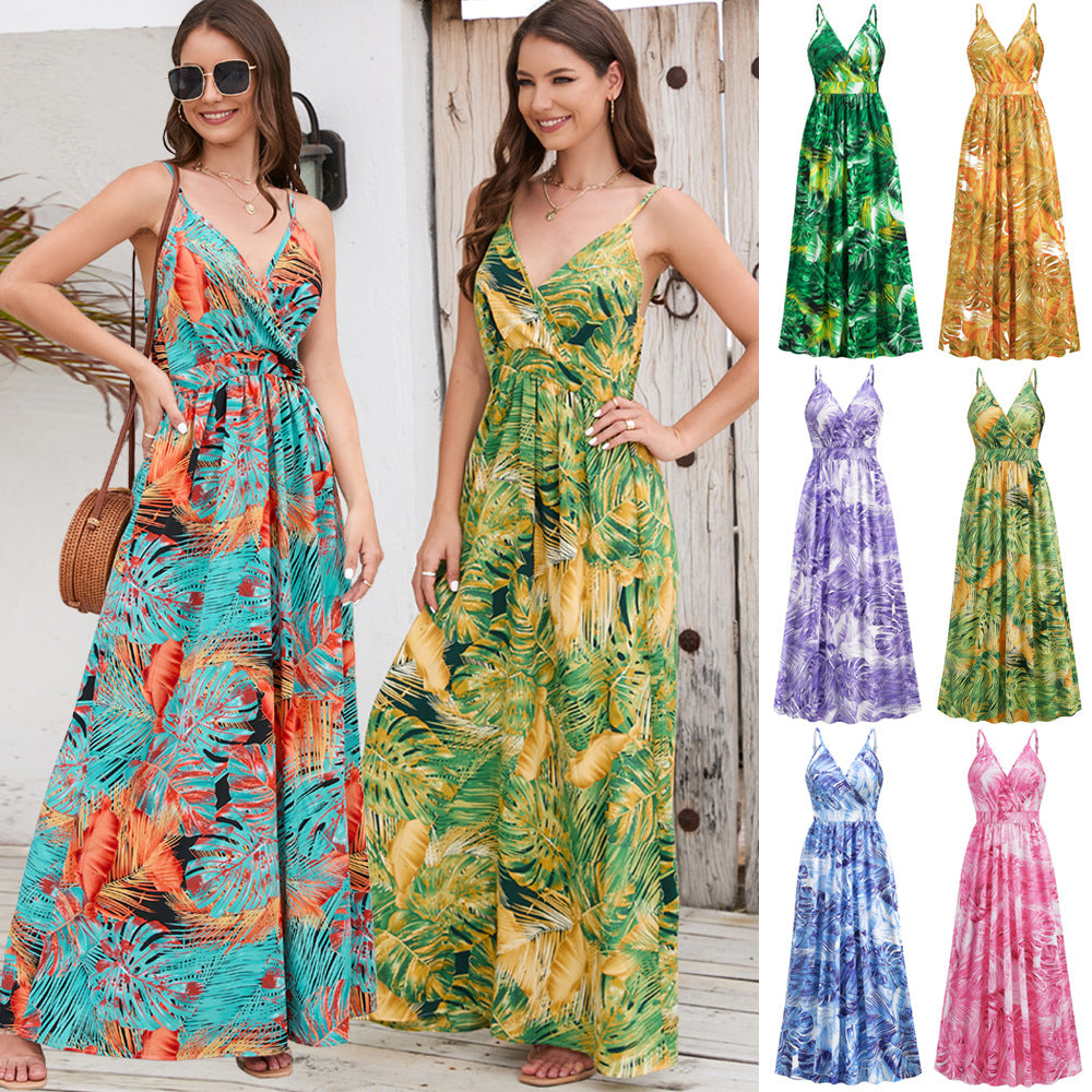 Robe longue à fleurs, robe d'été, balançoire, vacances, plage