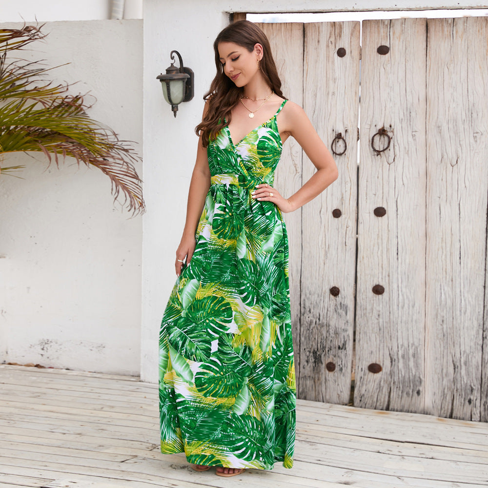 Robe longue à fleurs, robe d'été, balançoire, vacances, plage